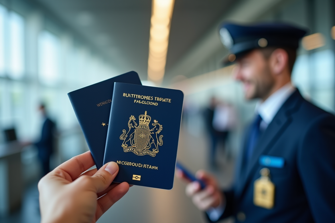 Passeport européen ouvert au contrôle frontière avec agent souriant