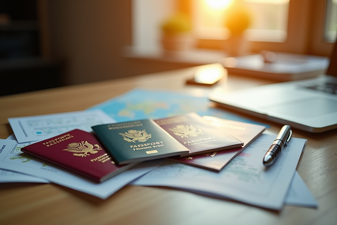 Passeports variés sur un bureau en bois lumineux