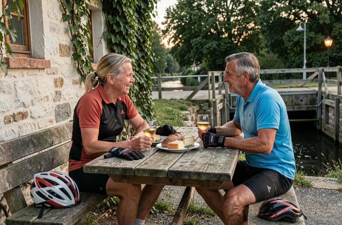 Deux cyclistes faisant une pause repas à la terrasse d'une auberge au bord d'une écluse du Canal de Nantes à Brest au crépuscule