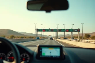 Péage autoroutier espagnol vu depuis l'habitacle d'une voiture avec tableau de bord et signalisation en espagnol