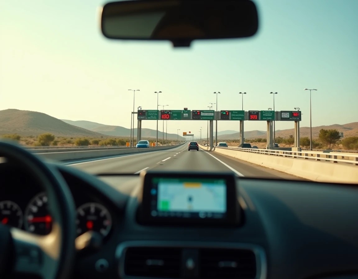 Péage autoroutier espagnol vu depuis l'habitacle d'une voiture avec tableau de bord et signalisation en espagnol