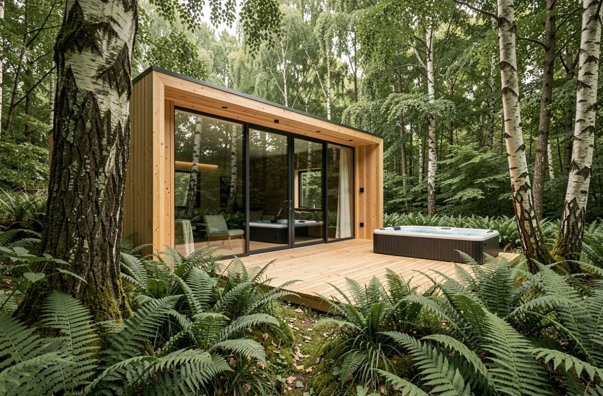 Lodge contemporain avec grande baie vitrée et terrasse en bois entouré de fougères et de forêt dense de Périgord Vert à Saint-Mesmin, Pépiite Périgord Vert