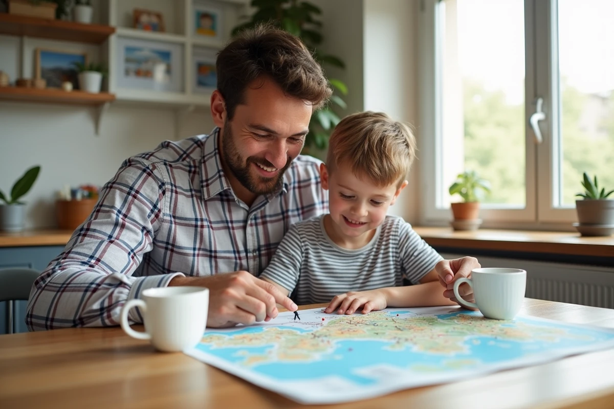 Père et fils planifiant leur voyage avec une carte à la maison