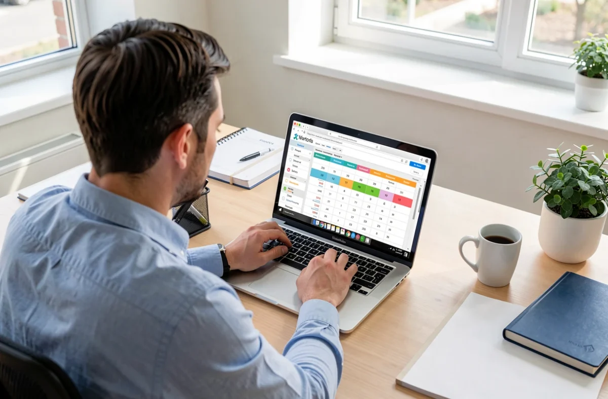 Personne consultant un planning de travail sur un ordinateur portable