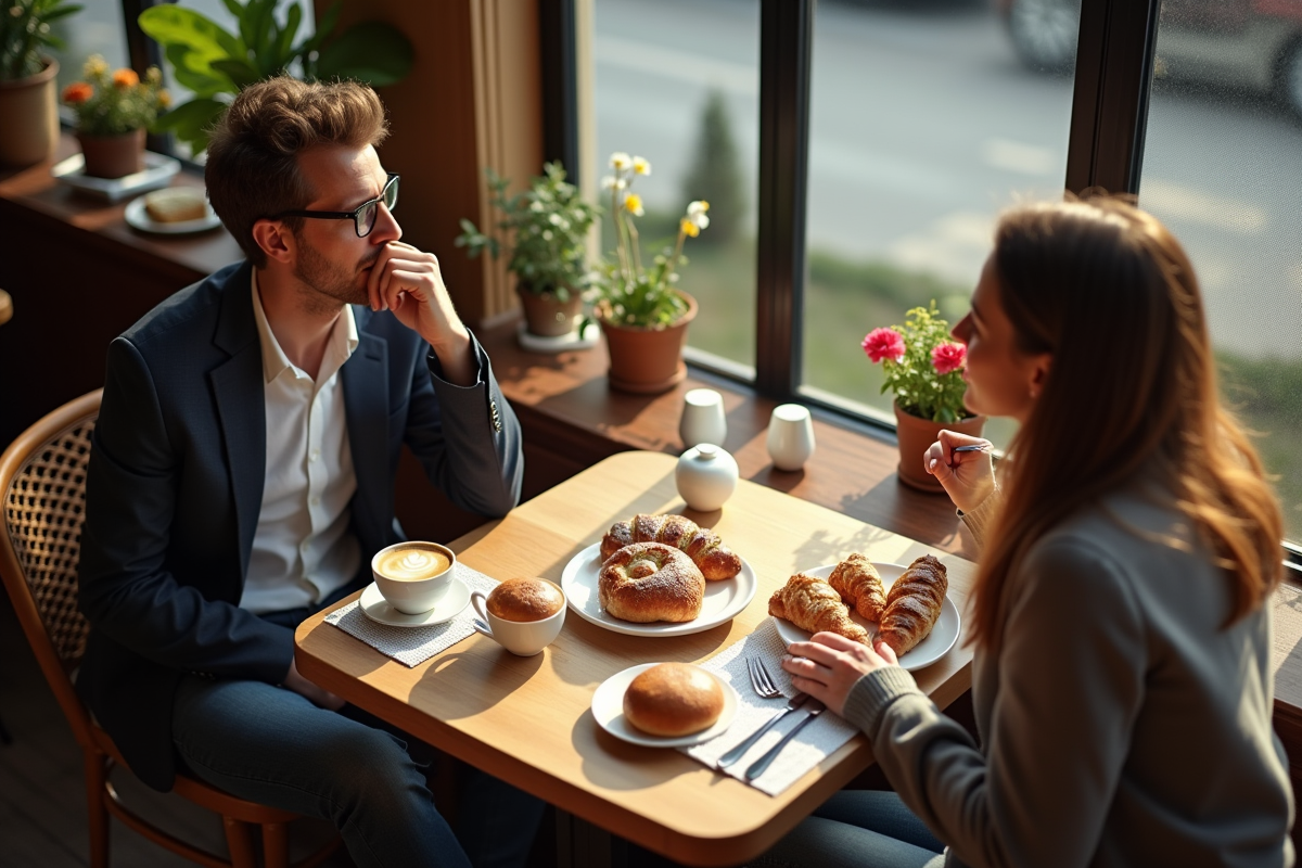 Couple partageant un petit déjeuner dans un café de Lille ensoleille