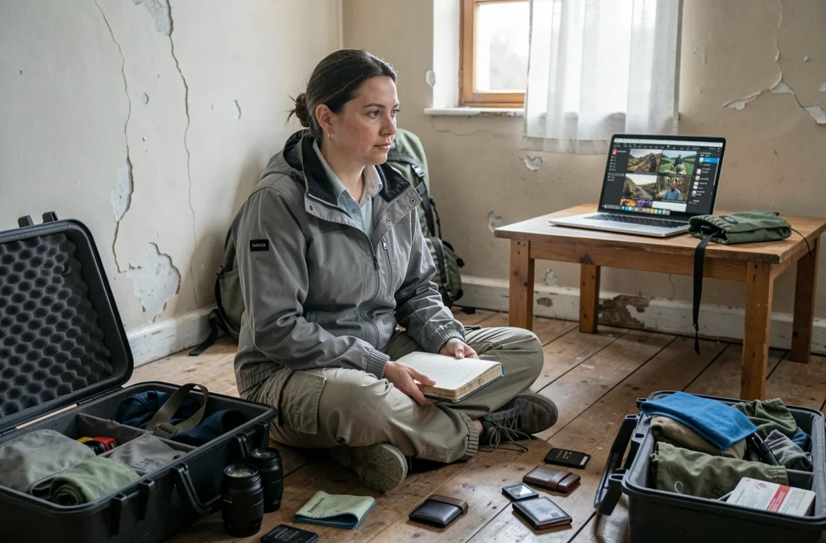 Photographe de voyage féminine triant ses fichiers dans une chambre d'hôte rustique, entourée de son matériel photo et de carnets de notes