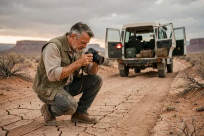 Photographe de voyage accroupi sur une piste désertique au lever du jour, réglant son appareil photo devant un 4x4 chargé de matériel