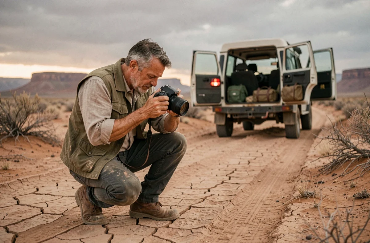 Photographe de voyage accroupi sur une piste désertique au lever du jour, réglant son appareil photo devant un 4x4 chargé de matériel