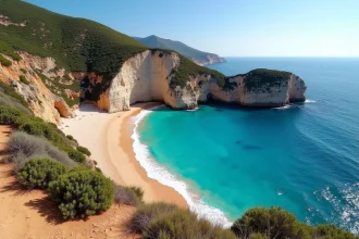 Vue panoramique de la plage sauvage des 3 Pointes à Bonifacio avec ses falaises calcaires et ses eaux turquoise en Corse