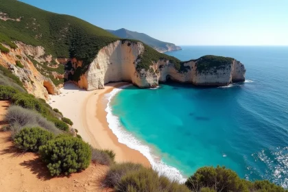 Vue panoramique de la plage sauvage des 3 Pointes à Bonifacio avec ses falaises calcaires et ses eaux turquoise en Corse