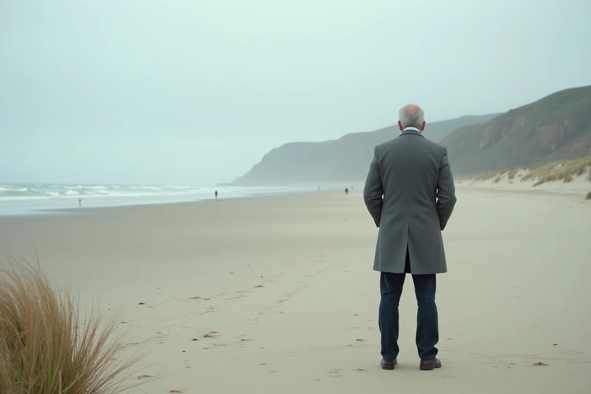 Visiteur debout face à la mer sur la plage d'Omaha Beach en Normandie, site historique du Débarquement