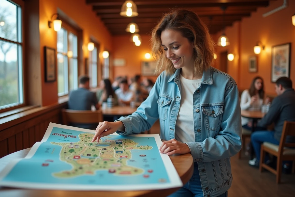 Femme consultant un plan du parc Disneyland Paris avec les attractions majeures mises en évidence sur une table en bois