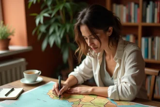 Femme planifiant un voyage au Sénégal avec une carte de l'Afrique posée sur un bureau en bois