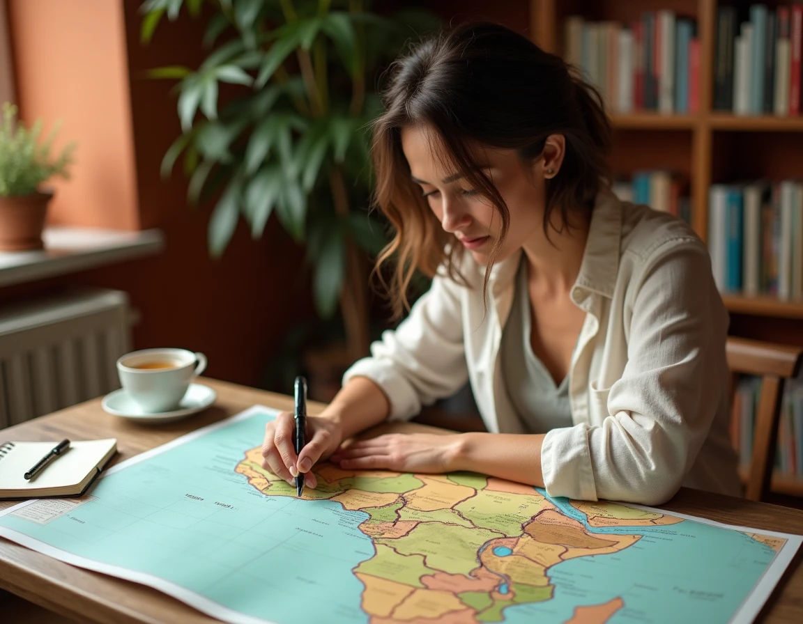 Femme planifiant un voyage au Sénégal avec une carte de l'Afrique posée sur un bureau en bois