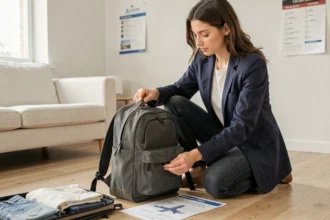 Femme qui prépare et mesure un bagage à main compact selon les normes Volotea dans un appartement moderne