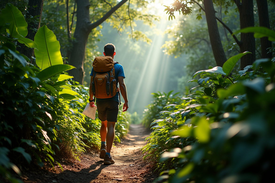 Randonneur avec carte dans la forêt amazonienne