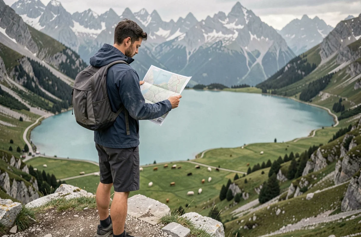 Jeune randonneur consultant une carte au belvédère surplombant le lac Oeschinensee avec vue aérienne sur les Alpes bernoises