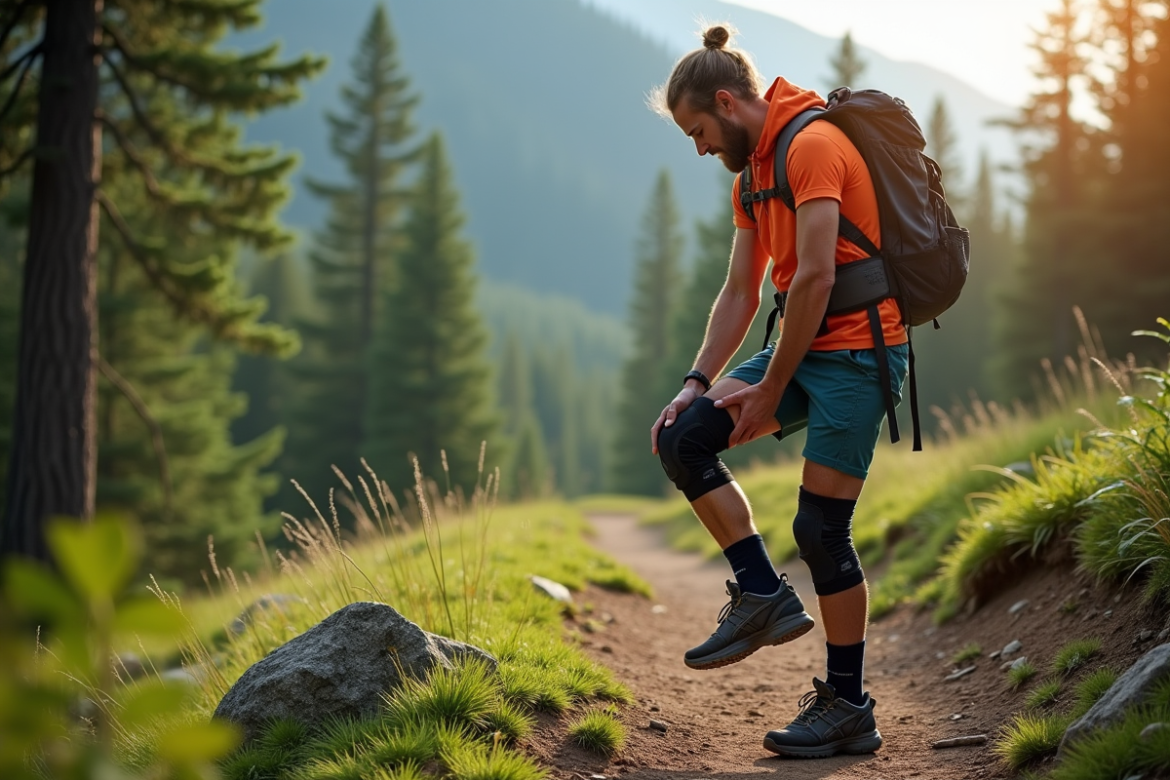 Randonneur ajustant ses genouillères sur un sentier en forêt