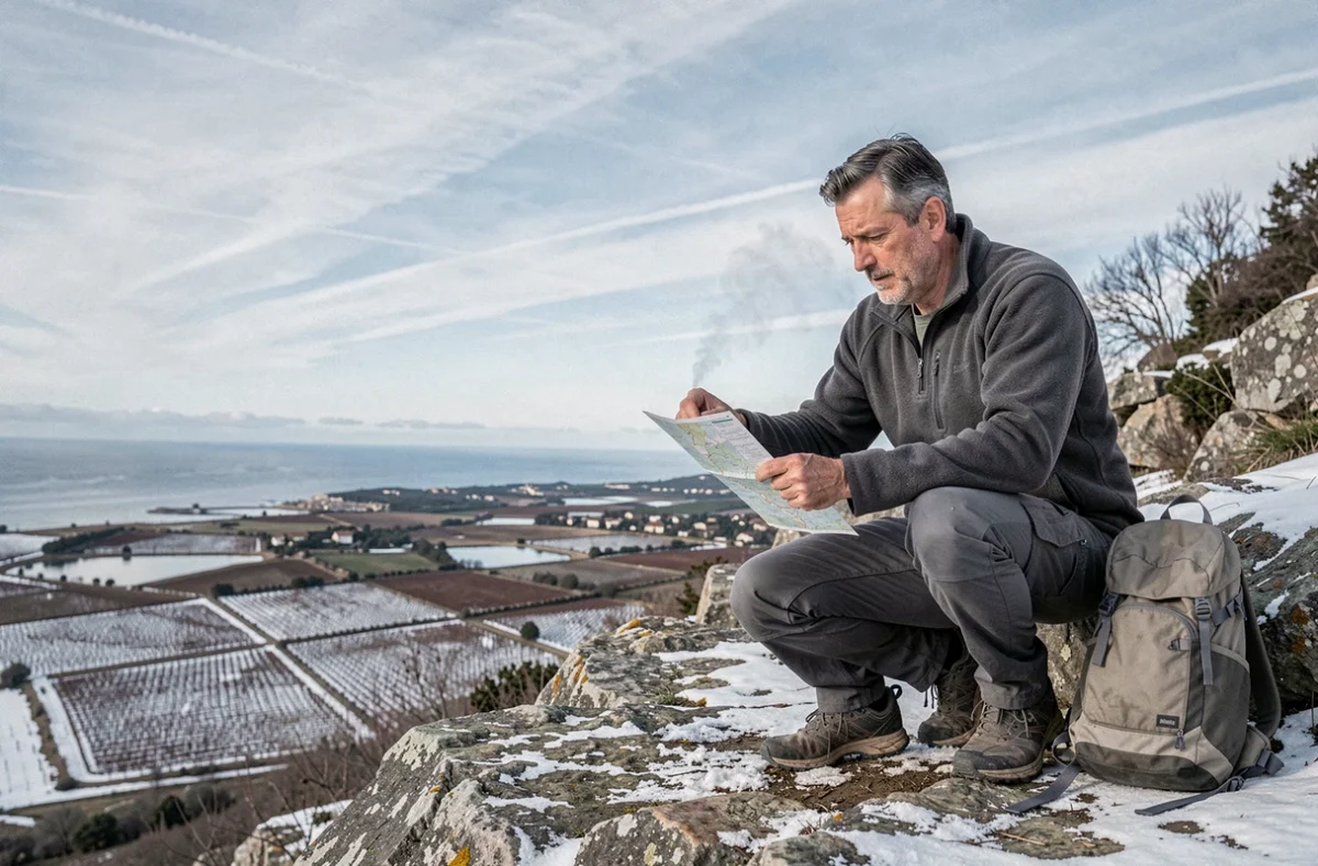 Randonneur consultant une carte au bord d'un rocher sur la Pointe du Salaison en hiver avec vue sur la plaine héraultaise