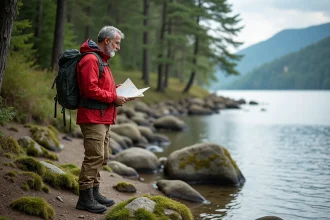 Homme avec carte au bord du lac Gérardmer
