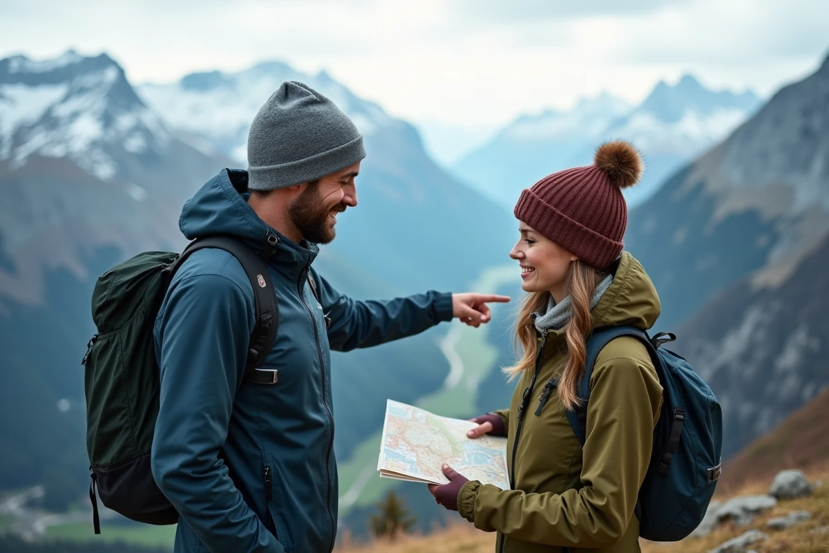 Couple de randonneurs au col du Petit-Saint-Bernard consultant une carte avec vue panoramique sur la Vallée d'Aoste en Italie