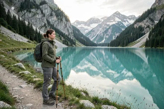 Randonneuse solitaire sur le sentier du lac Oeschinensee en Suisse avec vue panoramique sur les Alpes bernoises au lever du matin