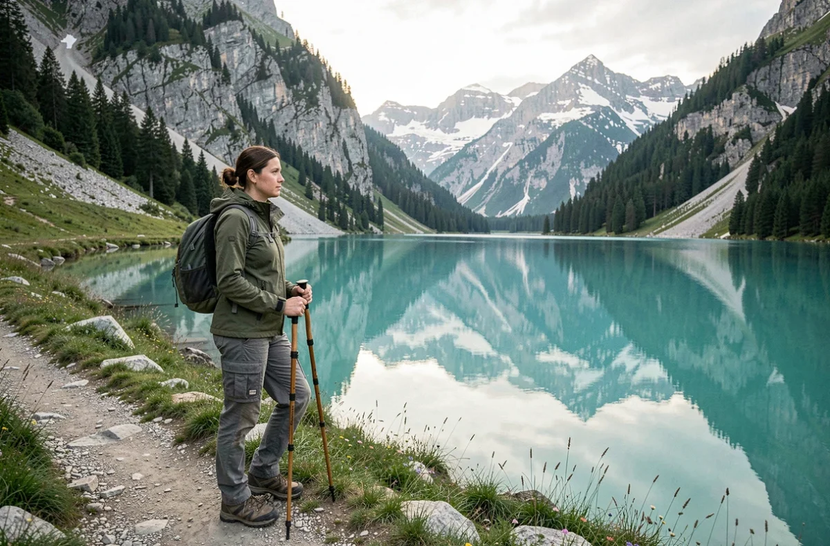 Randonneuse solitaire sur le sentier du lac Oeschinensee en Suisse avec vue panoramique sur les Alpes bernoises au lever du matin