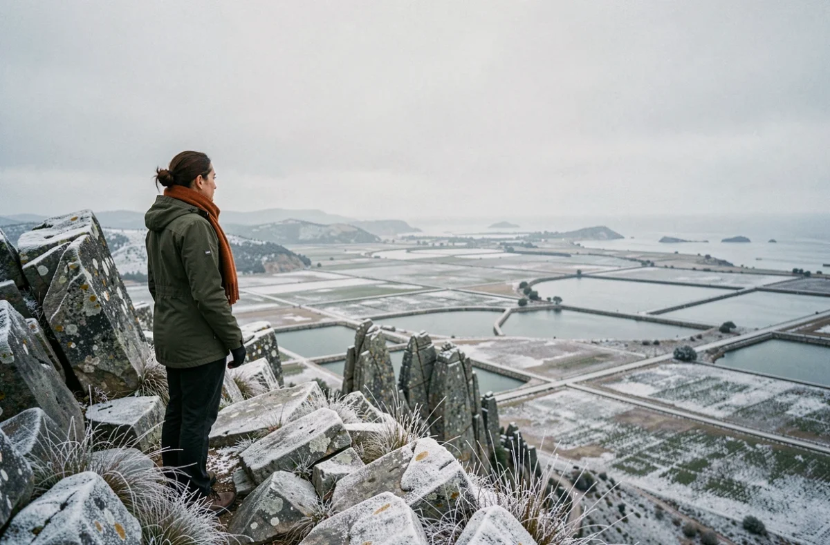 Randonneuse au sommet de la Pointe du Salaison en hiver contemplant le panorama sur les étangs côtiers