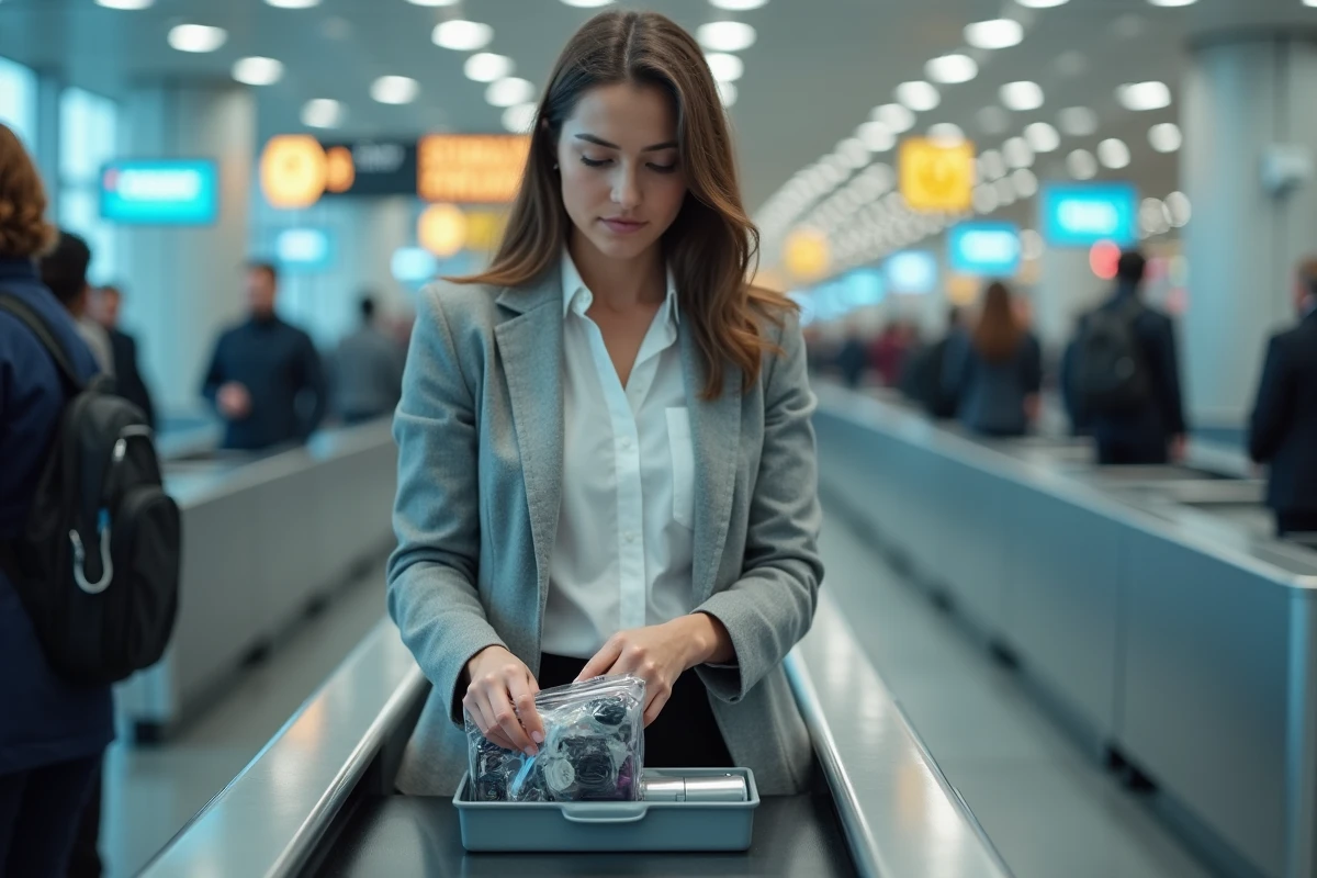 Femme déposant son rasoir électrique dans un bac de contrôle de sûreté à l'aéroport