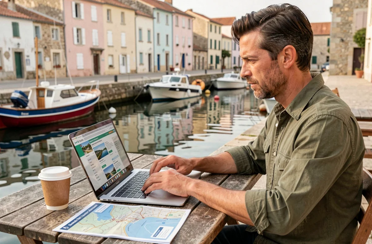 Homme réservant une excursion vers Fort Boyard en ligne depuis un café au bord du port de Fouras
