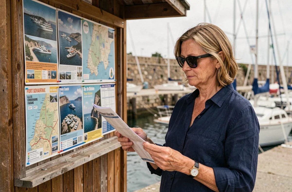 Femme consultant les brochures d'excursion en bateau vers Fort Boyard au guichet d'un port