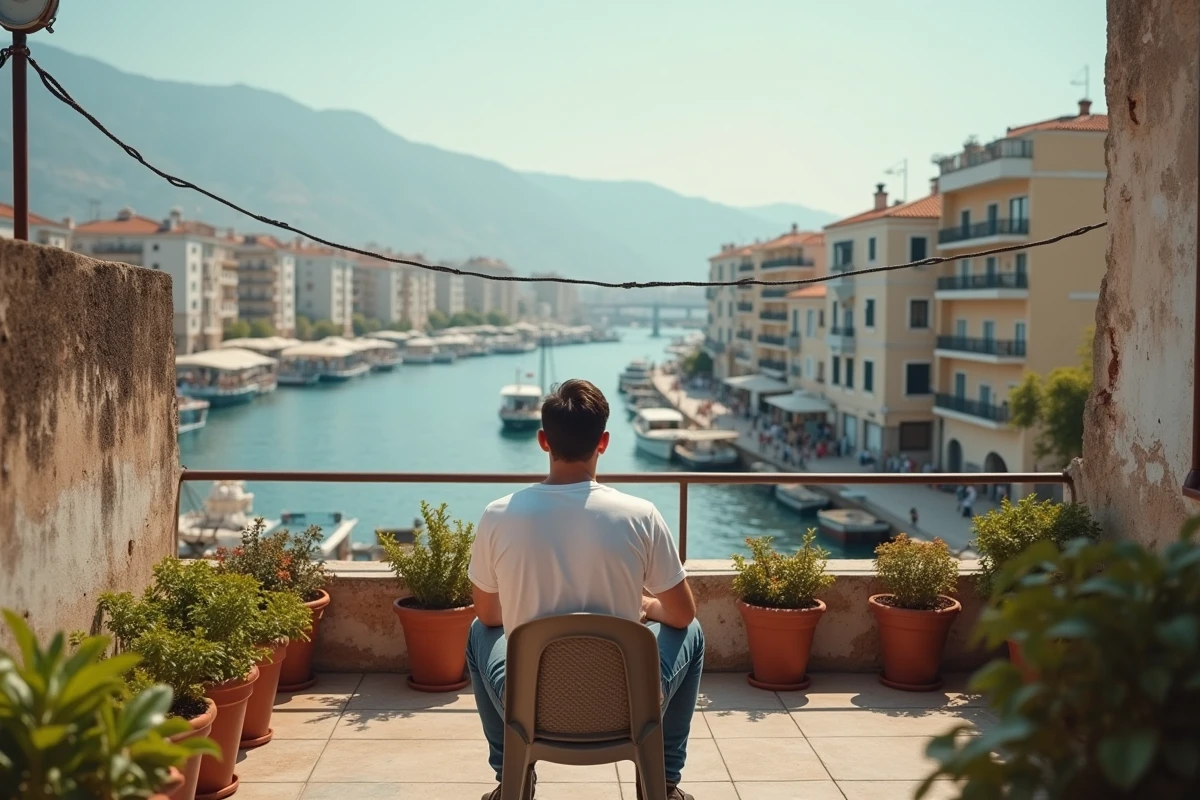 Résident local contemplatif sur un toit d'immeuble face à l'expansion touristique massive dans sa ville en 2026