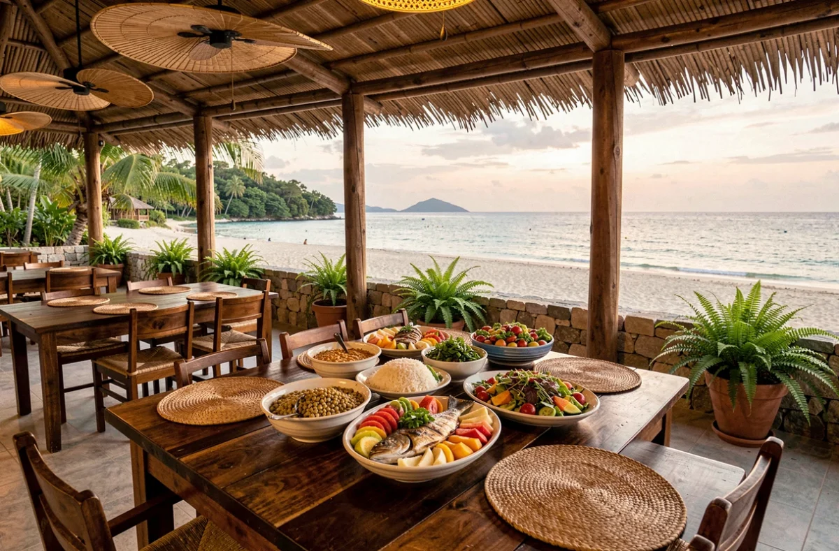 Restaurant en plein air d'un resort tout compris en Guadeloupe avec buffet créole et vue sur la plage