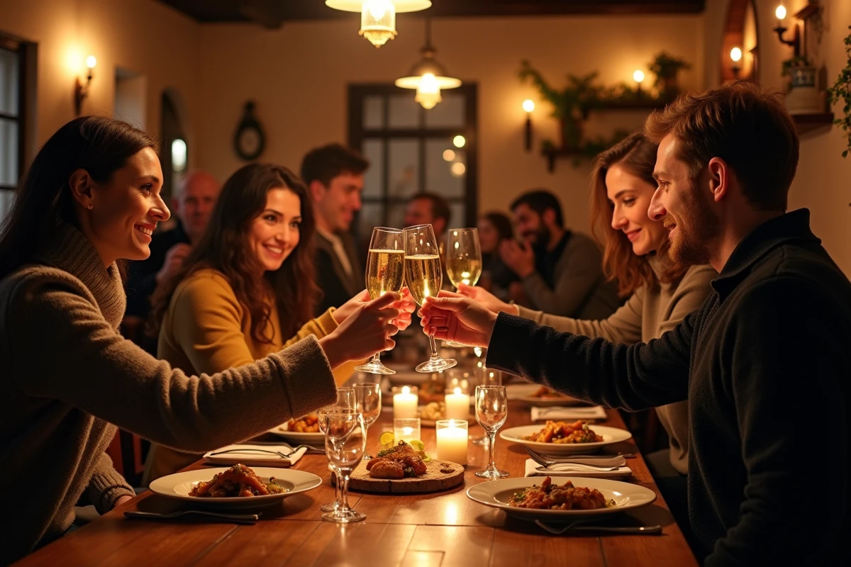Dîner du réveillon du Nouvel An dans un winstub alsacien traditionnel à Strasbourg avec verres de Crémant