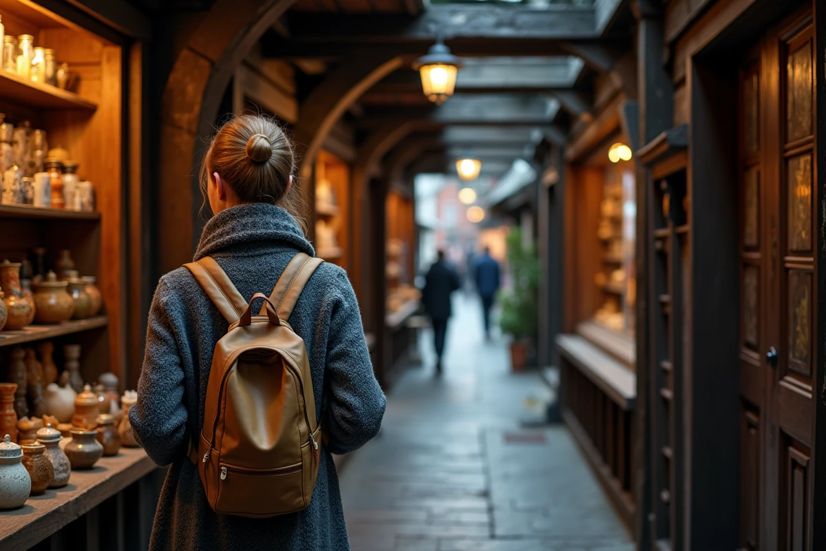 Ruelle étroite entre les vieilles bâtisses en bois de Bryggen à Bergen, avec une habitante locale devant une boutique artisanale