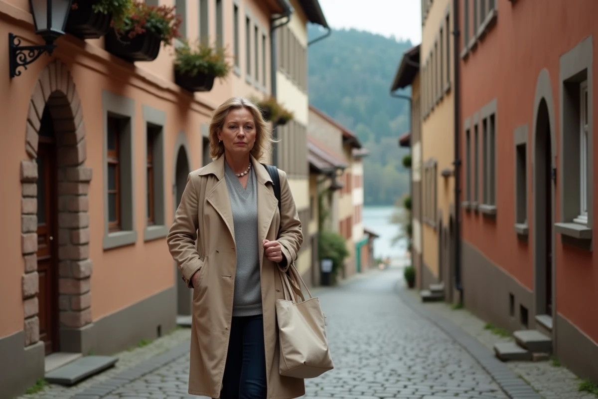 Femme se promenant dans une ruelle pavée du centre historique d'Heidelberg longeant le Neckar