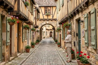 Ruelle médiévale pavée à Tours avec façades à colombages et femme admirant l'architecture Renaissance du vieux quartier