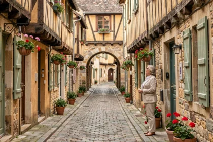 Ruelle médiévale pavée à Tours avec façades à colombages et femme admirant l'architecture Renaissance du vieux quartier