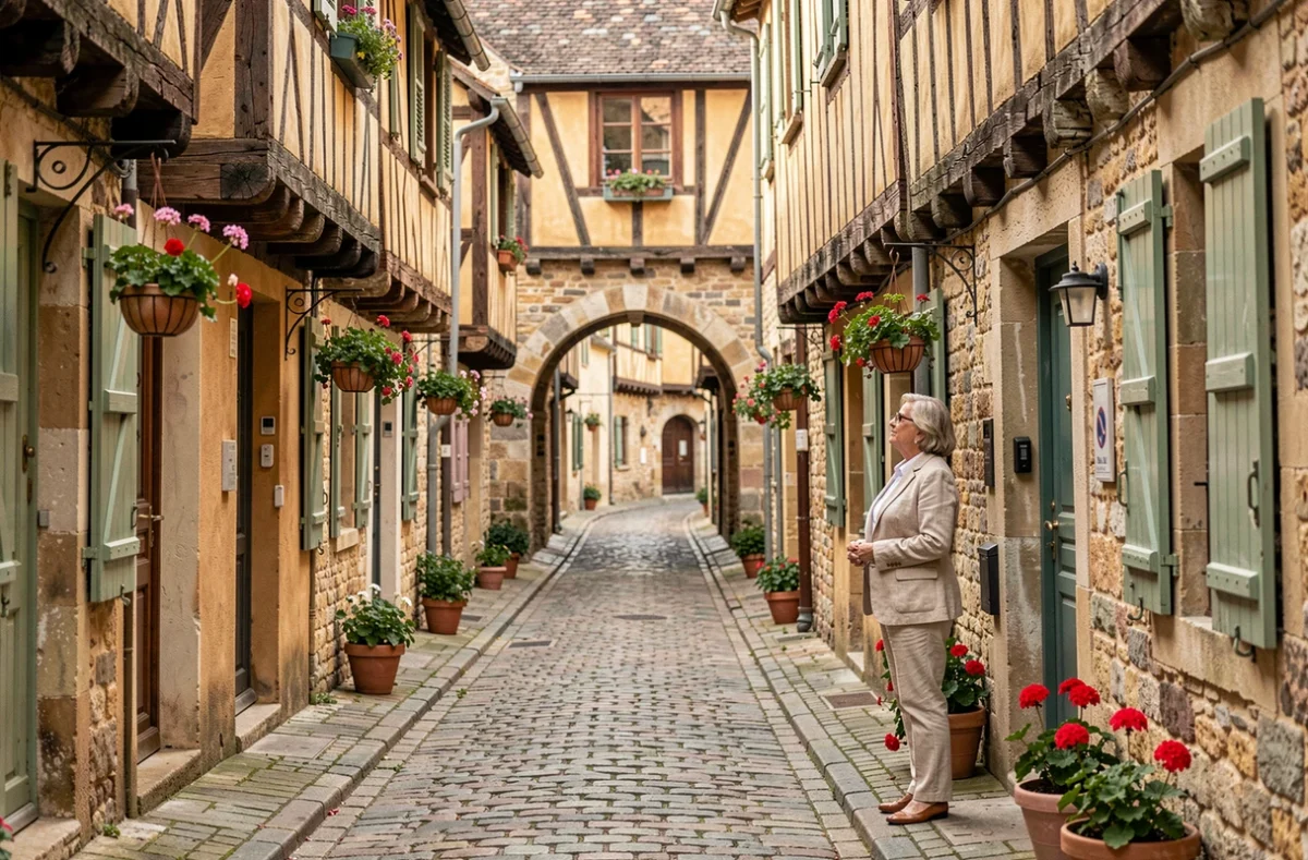 Ruelle médiévale pavée à Tours avec façades à colombages et femme admirant l'architecture Renaissance du vieux quartier