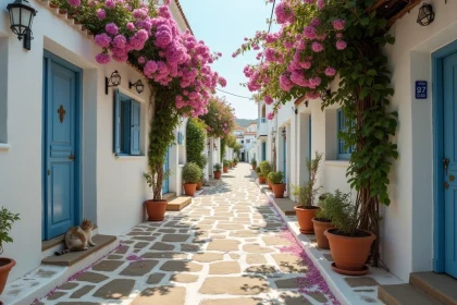 Ruelle pavée typique du village de Skopelos au printemps, avec des bougainvillées roses et des volets bleus délavés, sans touristes