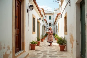 Ruelles authentiques de Monopoli en Puglia avec une habitante locale dans un passage blanc typique des vieux quartiers