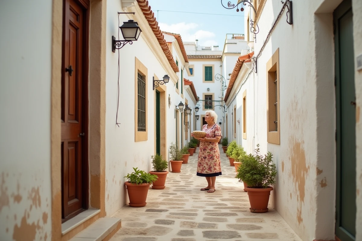 Ruelles authentiques de Monopoli en Puglia avec une habitante locale dans un passage blanc typique des vieux quartiers