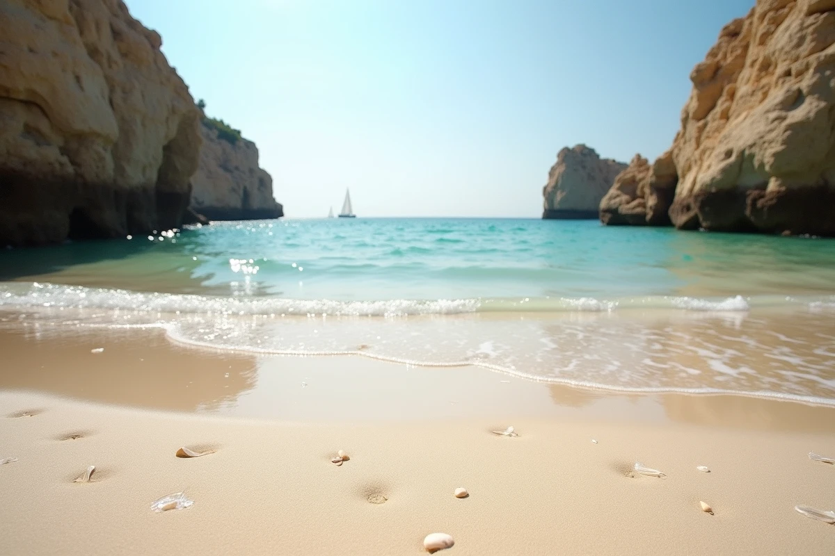 Gros plan sur le sable et les eaux claires de la plage des 3 Pointes à Bonifacio, crique sauvage isolée en Corse