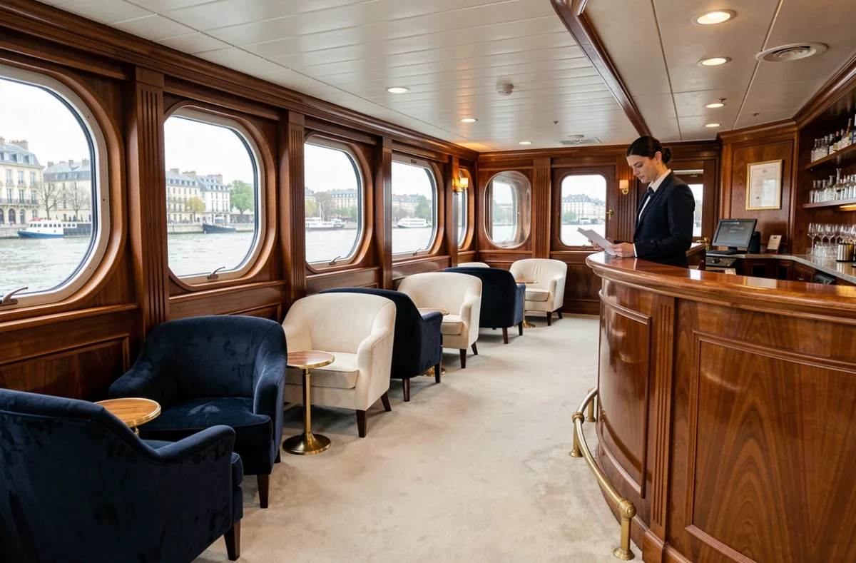 Salon intérieur luxueux d'un bateau de croisière fluviale avec vue sur les berges de Bordeaux depuis les hublots