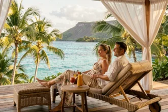 Couple en séjour tout compris en Guadeloupe, détente sur une terrasse privée avec vue sur la mer des Caraïbes