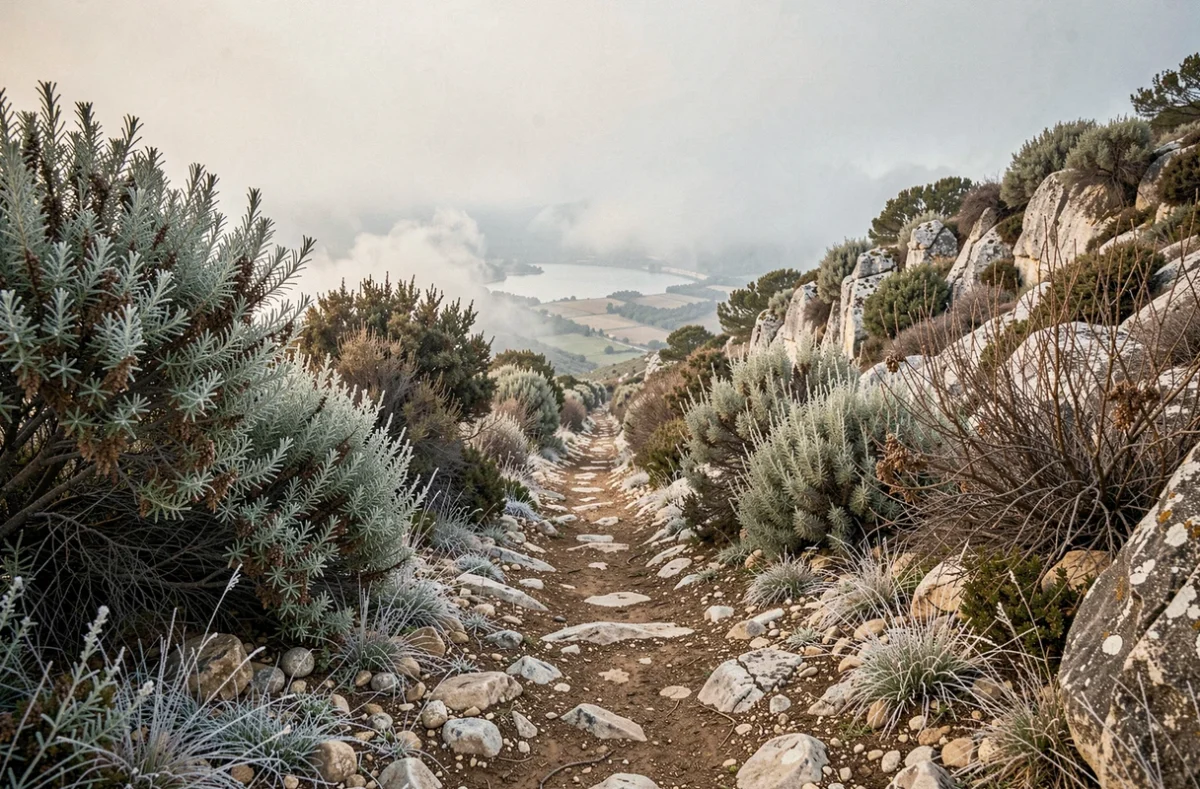 Sentier de randonnée hivernal sur la Pointe du Salaison avec végétation de garrigue givrée et brume dans la vallée