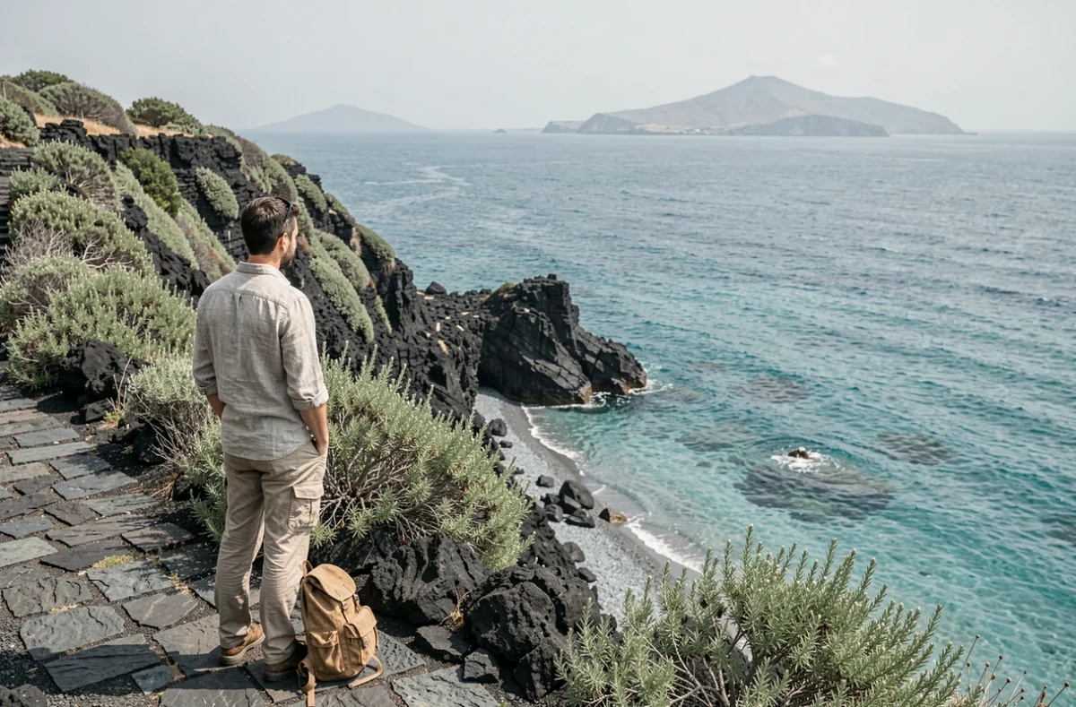 Voyageur solitaire contemplant une crique isolée depuis un sentier volcanique des îles Éoliennes hors des sentiers battus
