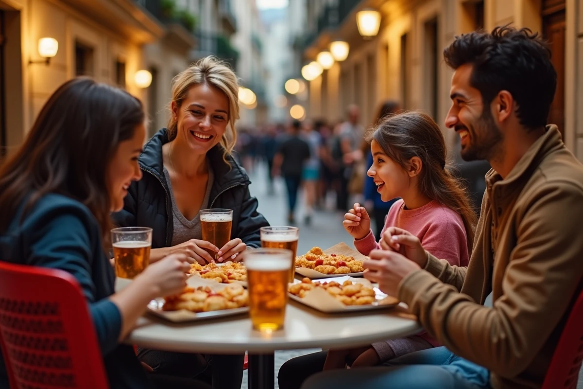 Famille palermitaine partageant des street foods traditionnels comme la panelle et la stigghiola dans une piazza animée