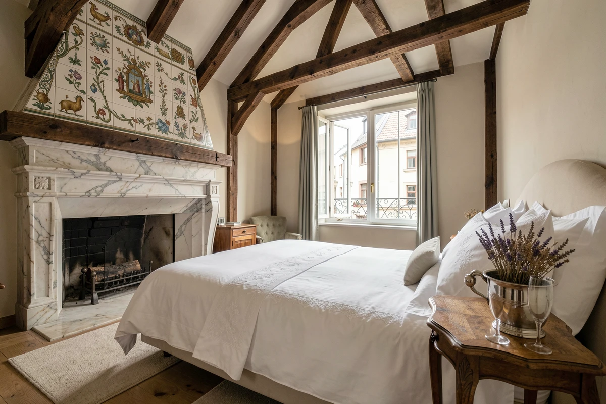 Suite de luxe d'un hôtel 5 étoiles à Strasbourg alliant poutres alsaciennes traditionnelles et literie raffinée avec champagne
