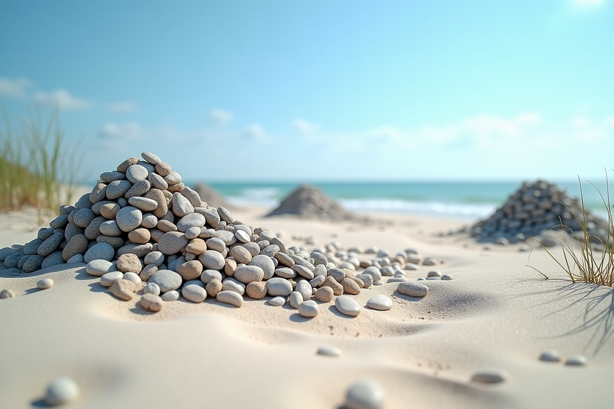Tas de galets sur la plage avec vegetation déracinée